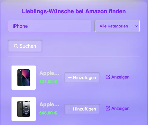 Amazon Suche direkt in deiner Online Wunschliste
