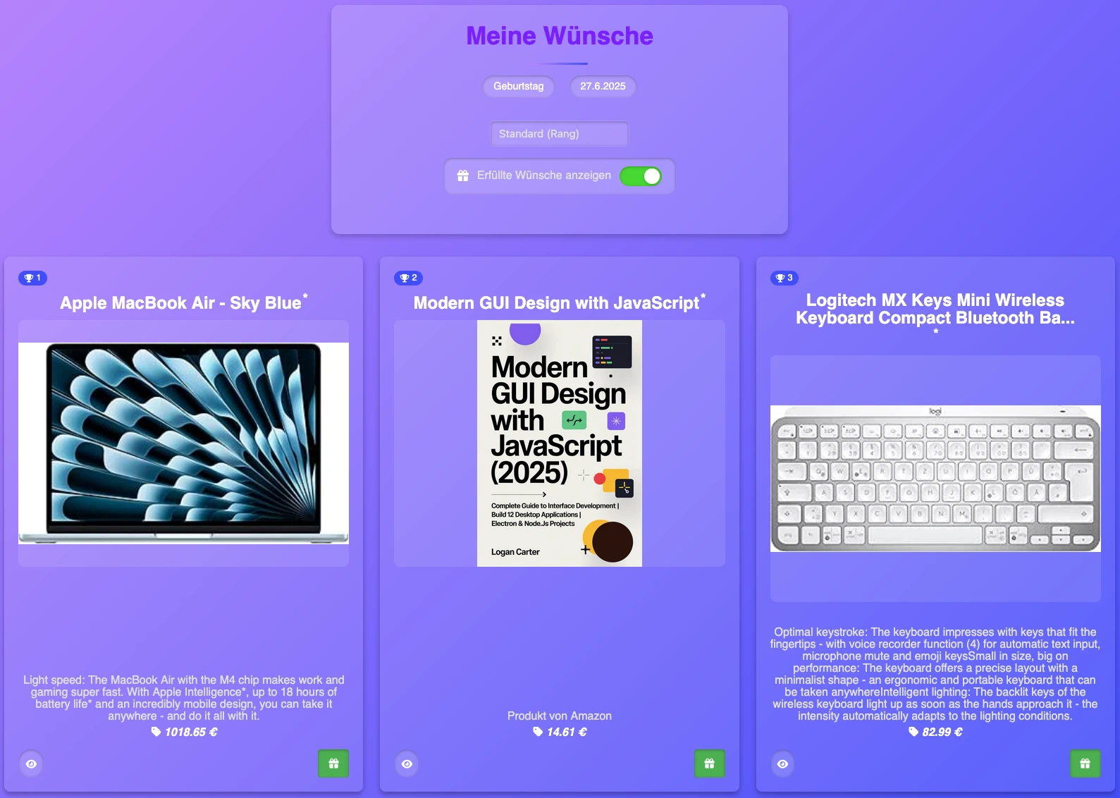Online Wunschliste Vorschau Desktop